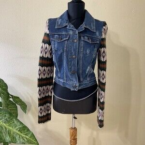 Free People Denim Jacket womens sz. XS Nordic wool Sweater Sleeves Distressed